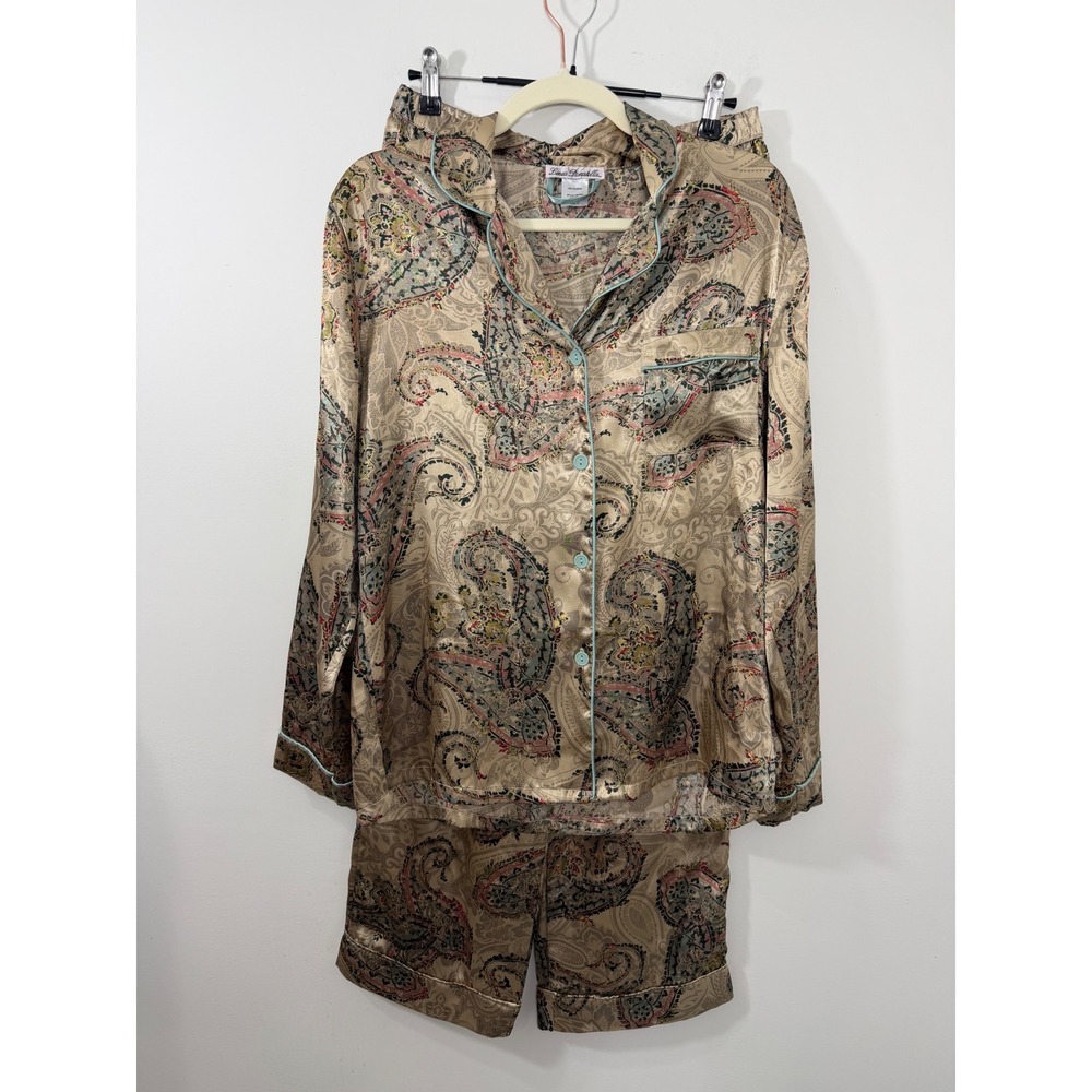 Linea Donatella Womens Paisley Satin Pajama Set Gold Tan HSJ145 Long Sleeve Pant